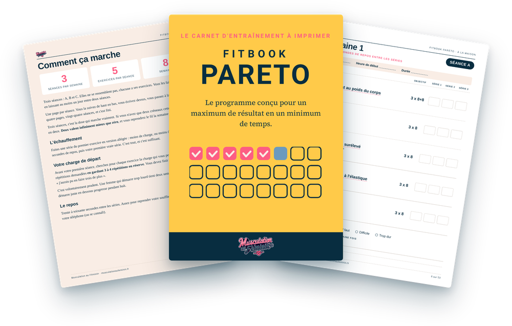 Le Fitbook PARETO : la couverture, la méthode et une page de séance