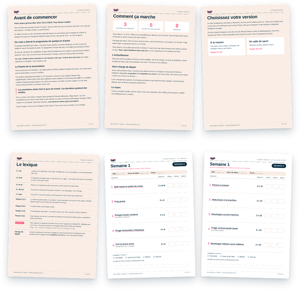 Les pages du Fitbook PARETO : méthode, séances et cases à remplir